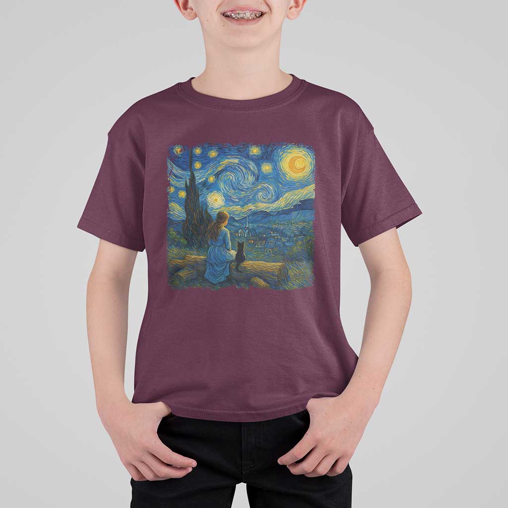 Cute Cat Starry Night T Shirt For Kid Kitty Lovers - Wonder Print Shop
