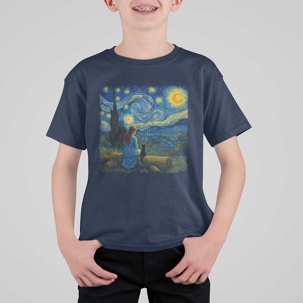 Cute Cat Starry Night T Shirt For Kid Kitty Lovers - Wonder Print Shop