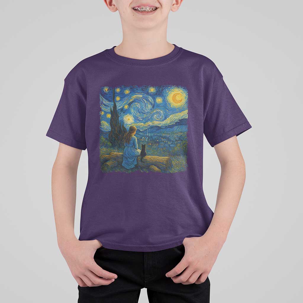 Cute Cat Starry Night T Shirt For Kid Kitty Lovers - Wonder Print Shop