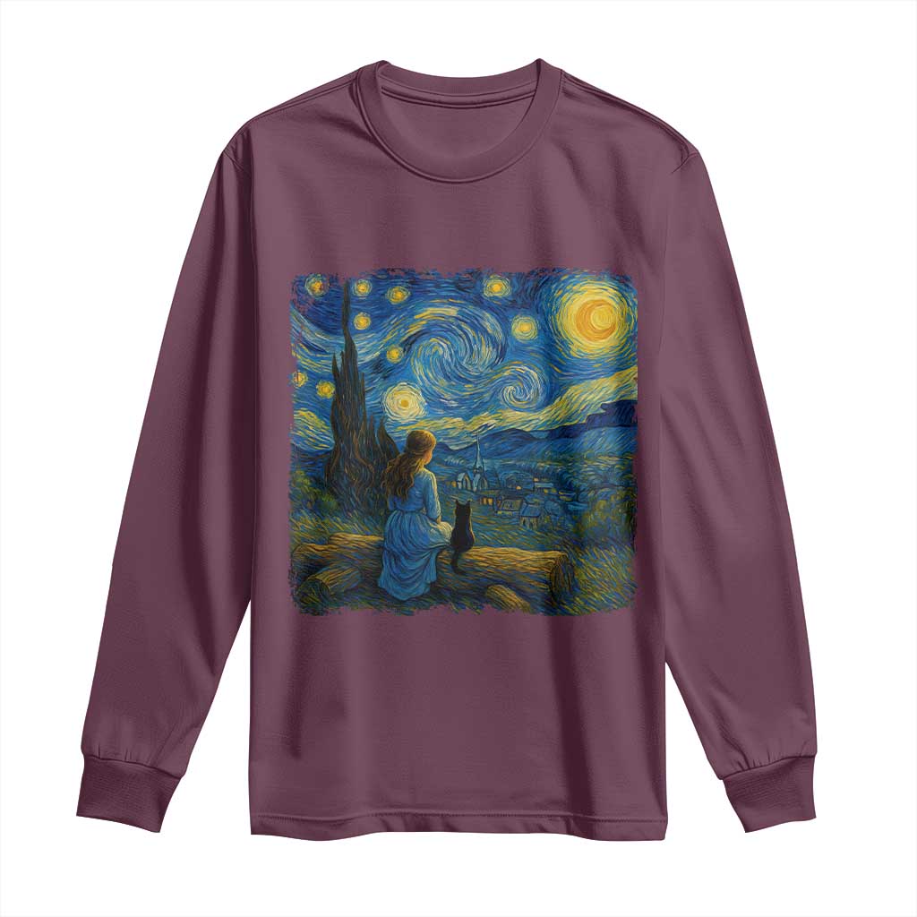Cute Cat Starry Night Long Sleeve Shirt Kitty Lovers - Wonder Print Shop