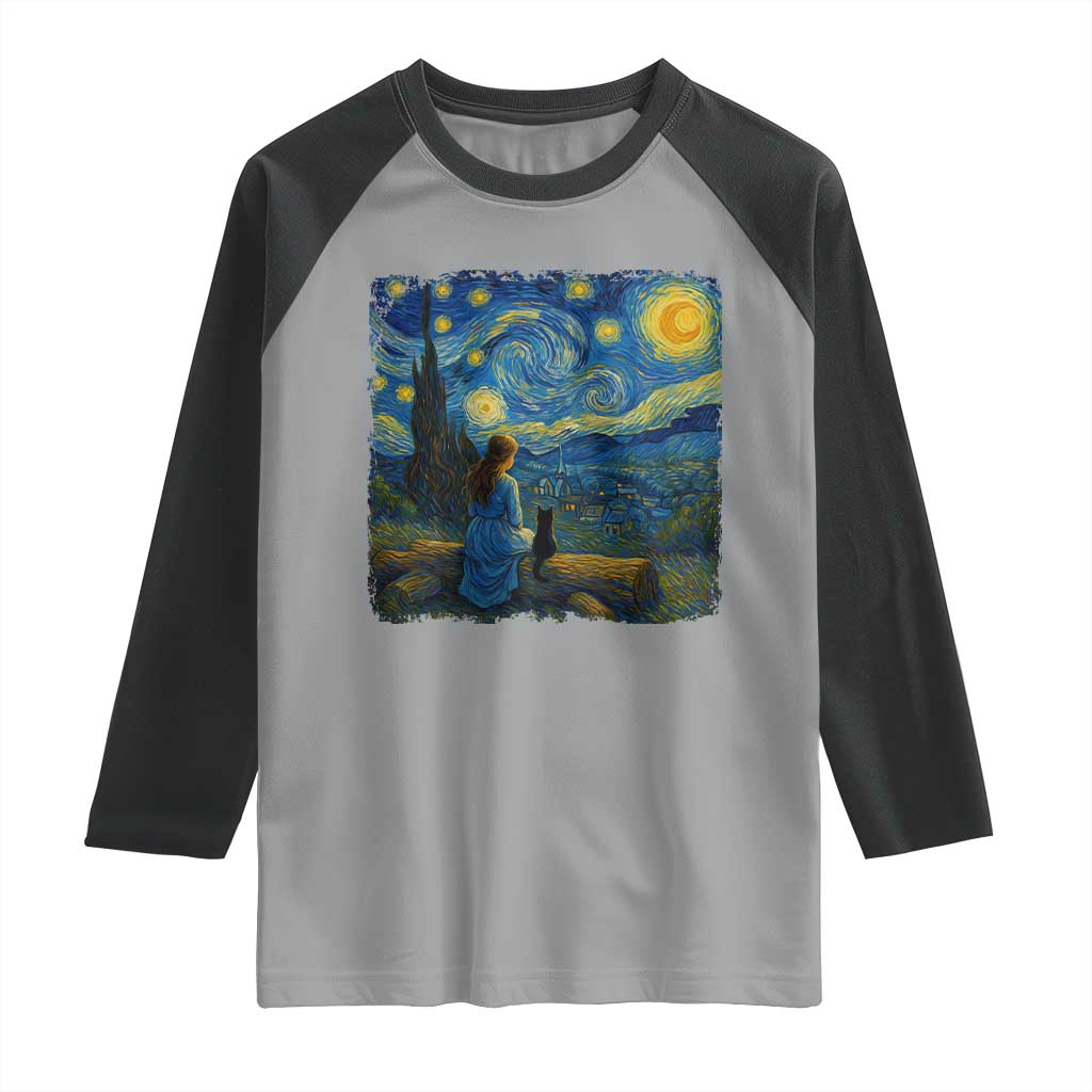 Cute Cat Starry Night Raglan Shirt Kitty Lovers - Wonder Print Shop