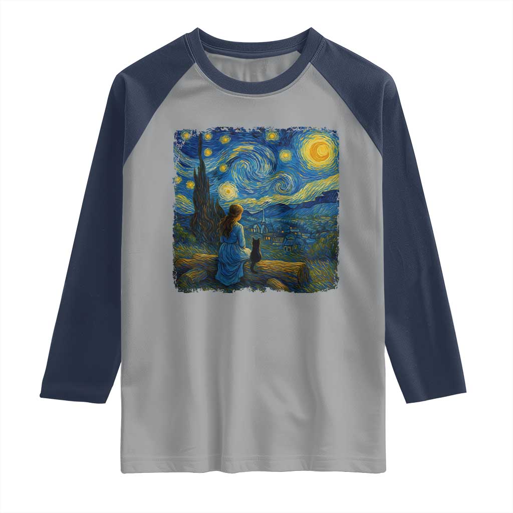 Cute Cat Starry Night Raglan Shirt Kitty Lovers - Wonder Print Shop