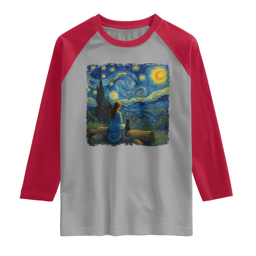 Cute Cat Starry Night Raglan Shirt Kitty Lovers - Wonder Print Shop