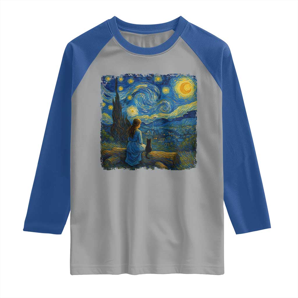 Cute Cat Starry Night Raglan Shirt Kitty Lovers - Wonder Print Shop