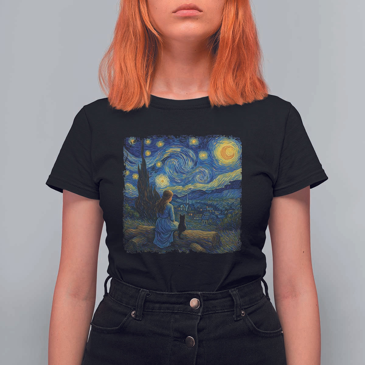 Cute Cat Starry Night T Shirt For Women Kitty Lovers - Wonder Print Shop
