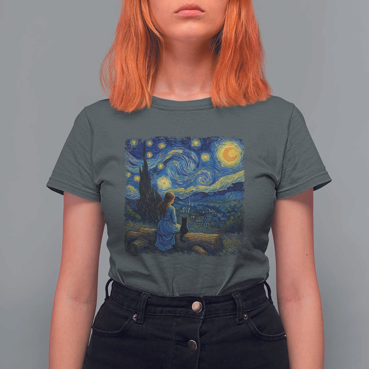 Cute Cat Starry Night T Shirt For Women Kitty Lovers - Wonder Print Shop