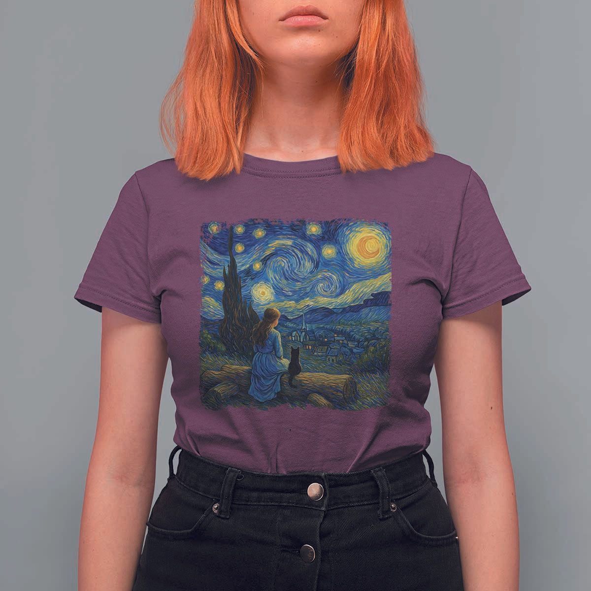 Cute Cat Starry Night T Shirt For Women Kitty Lovers - Wonder Print Shop