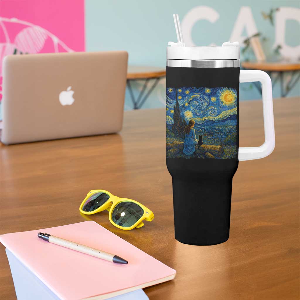 Cute Cat Starry Night Tumbler With Handle Kitty Lovers