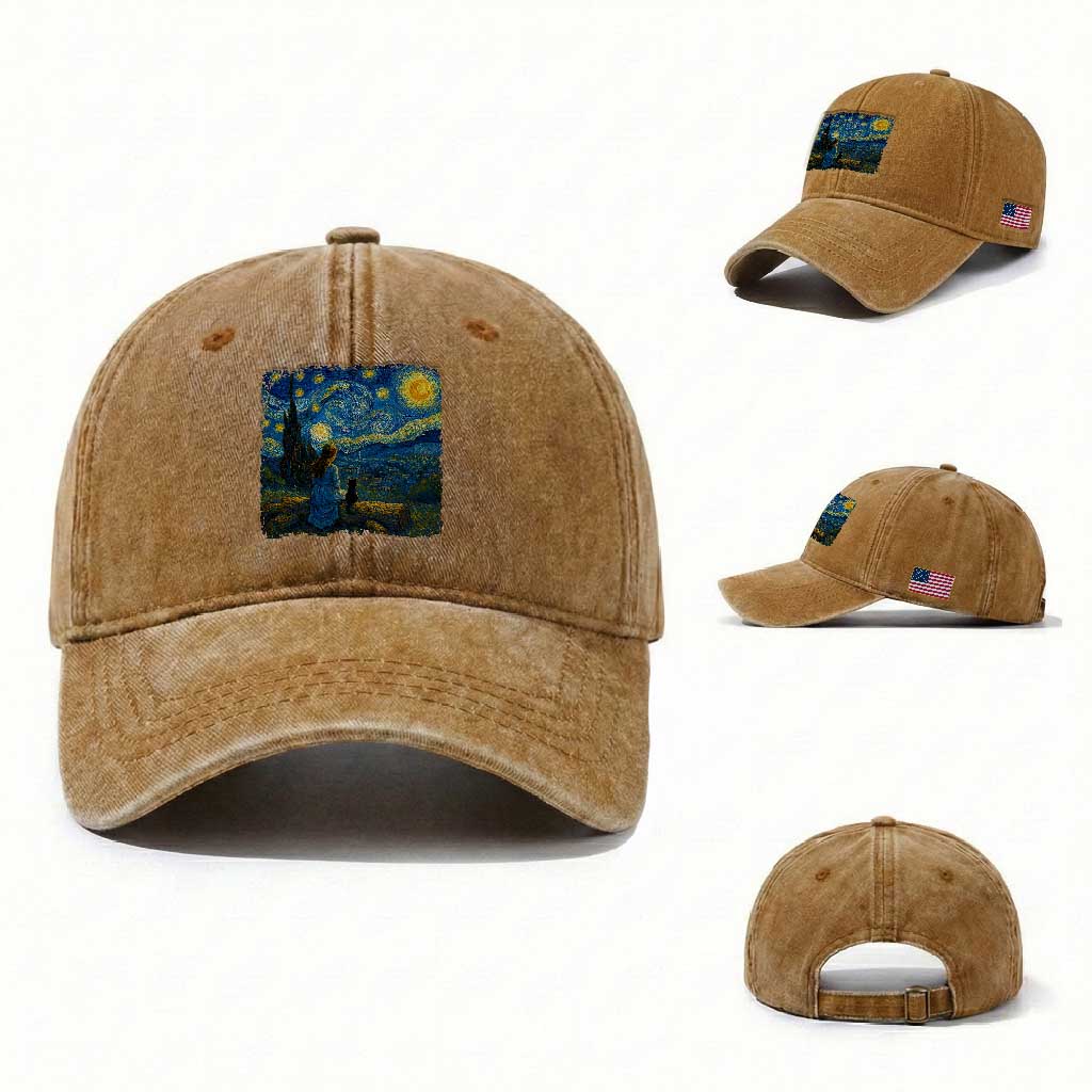 Cute Cat Starry Night Washed Cotton Baseball Cap Kitty Lovers