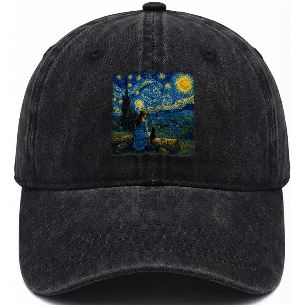Cute Cat Starry Night Washed Cotton Baseball Cap Kitty Lovers