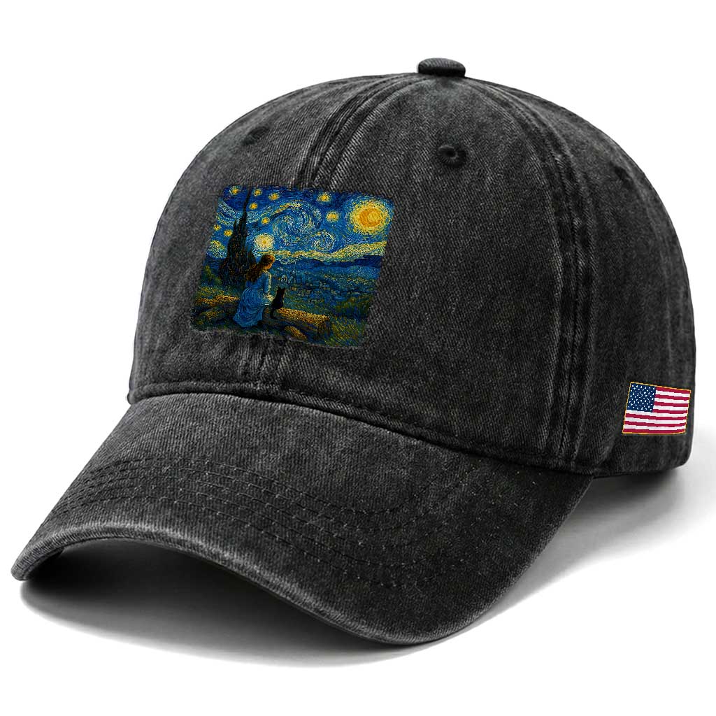 Cute Cat Starry Night Washed Cotton Baseball Cap Kitty Lovers