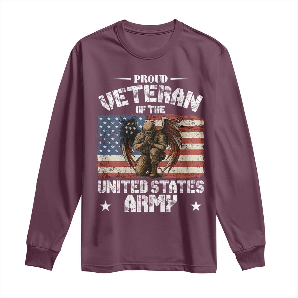 US Army Veteran Tribute Long Sleeve Shirt American Flag Angel Soldier Memorial - Wonder Print Shop