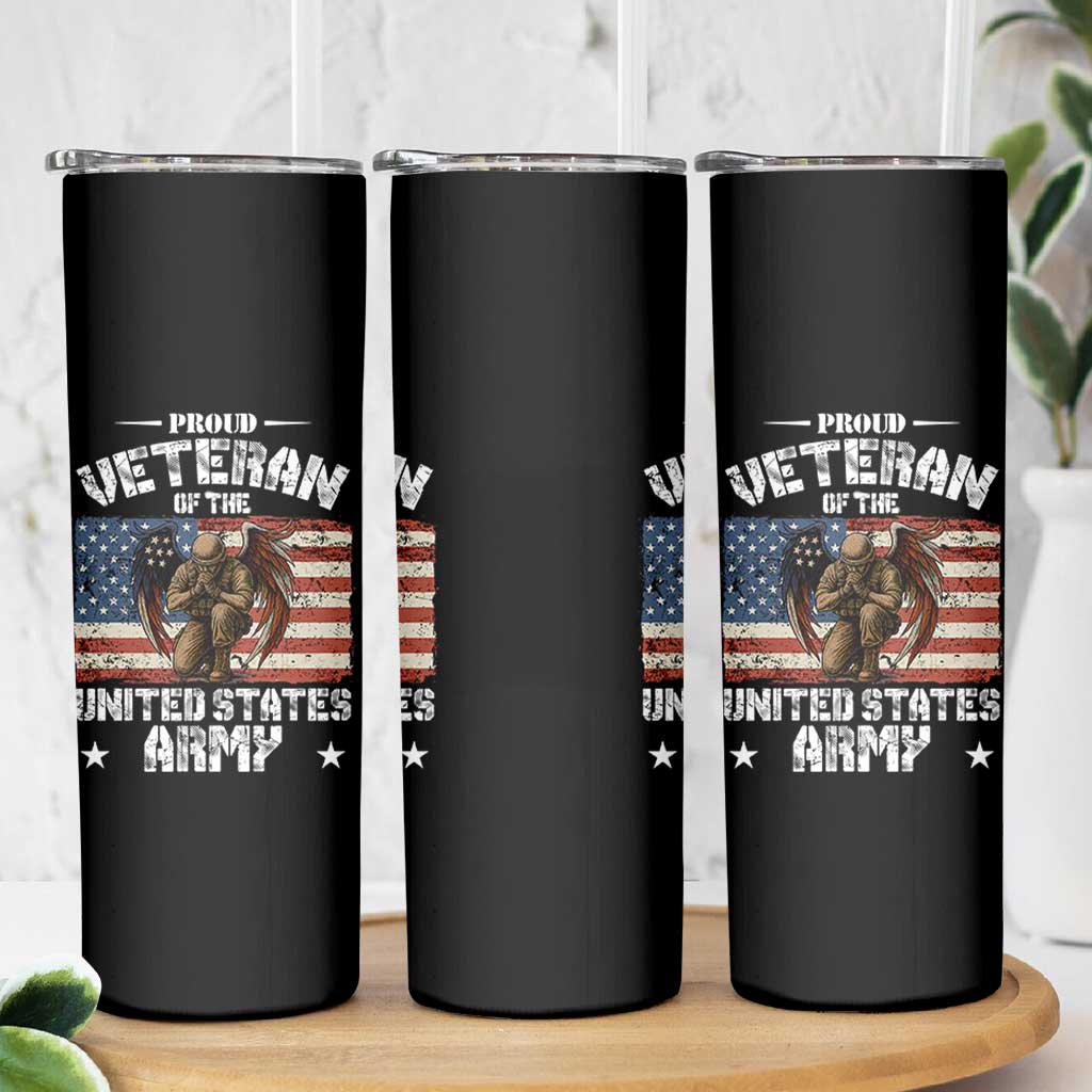 US Army Veteran Tribute Skinny Tumbler American Flag Angel Soldier Memorial