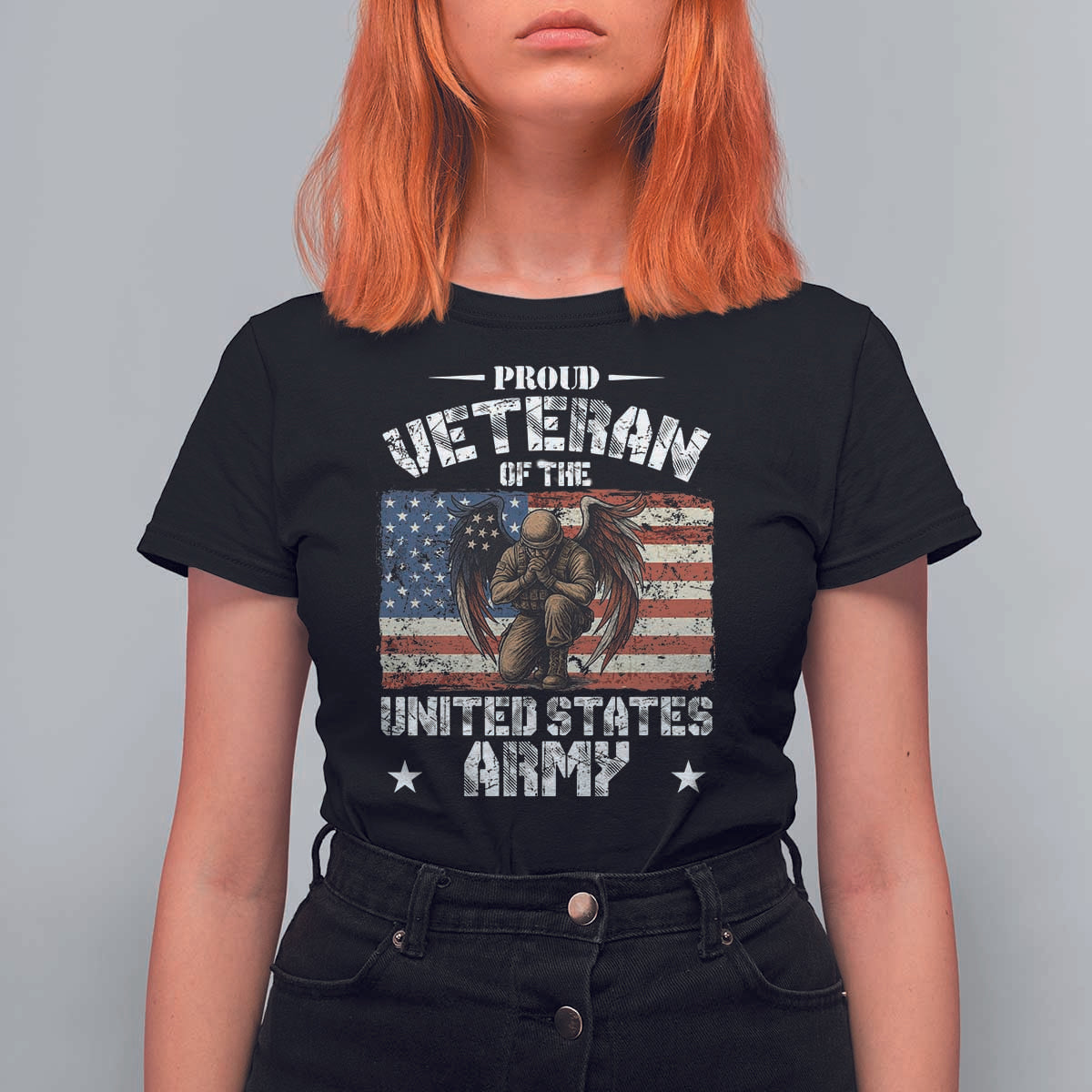 US Army Veteran Tribute T Shirt For Women American Flag Angel Soldier Memorial - Wonder Print Shop
