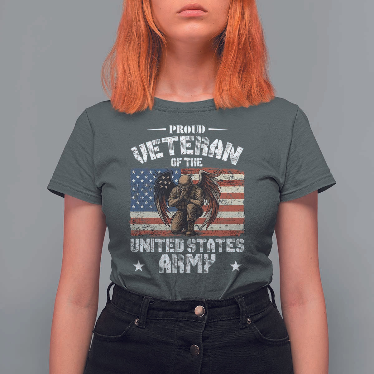 US Army Veteran Tribute T Shirt For Women American Flag Angel Soldier Memorial - Wonder Print Shop