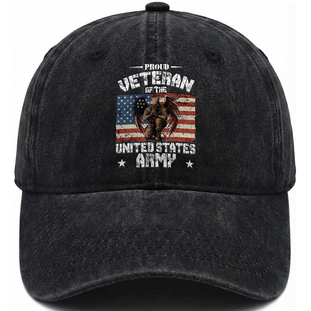 US Army Veteran Tribute Washed Cotton Baseball Cap American Flag Angel Soldier Memorial