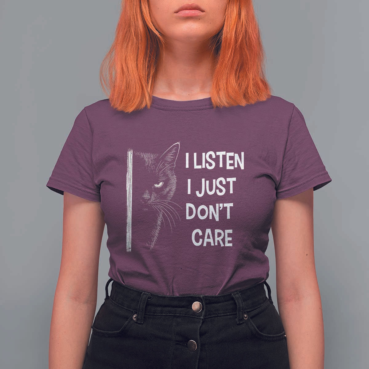 Funny Introvert Cat T Shirt For Women I Listen I Just Don't Care Sarcastic Kitty Lover - Wonder Print Shop