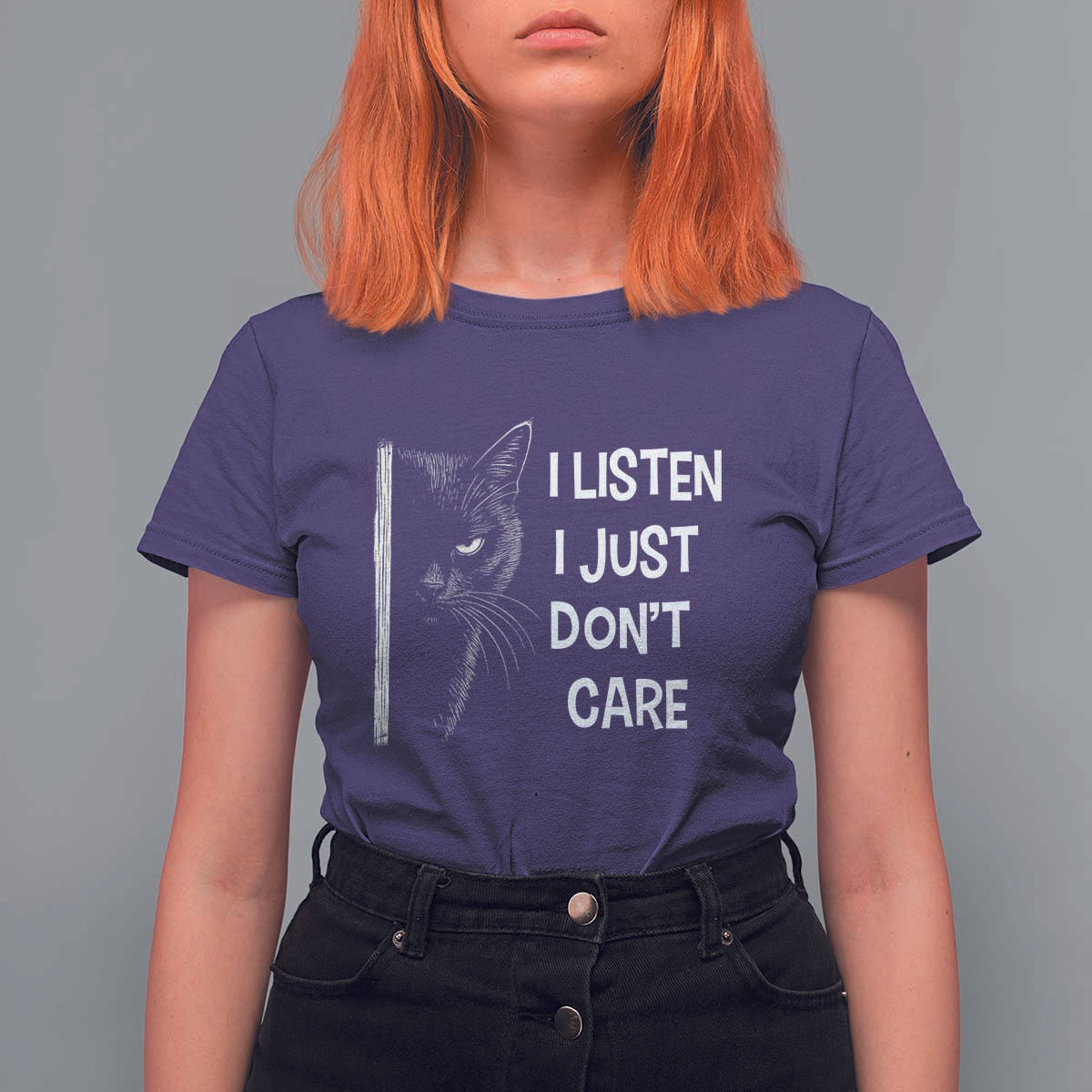 Funny Introvert Cat T Shirt For Women I Listen I Just Don't Care Sarcastic Kitty Lover - Wonder Print Shop