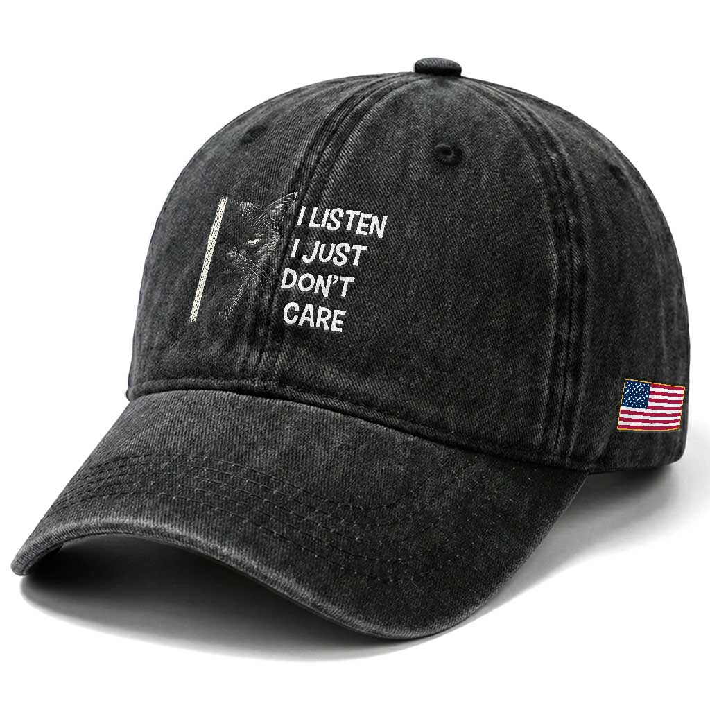 Funny Introvert Cat Washed Cotton Baseball Cap I Listen I Just Don't Care Sarcastic Kitty Lover