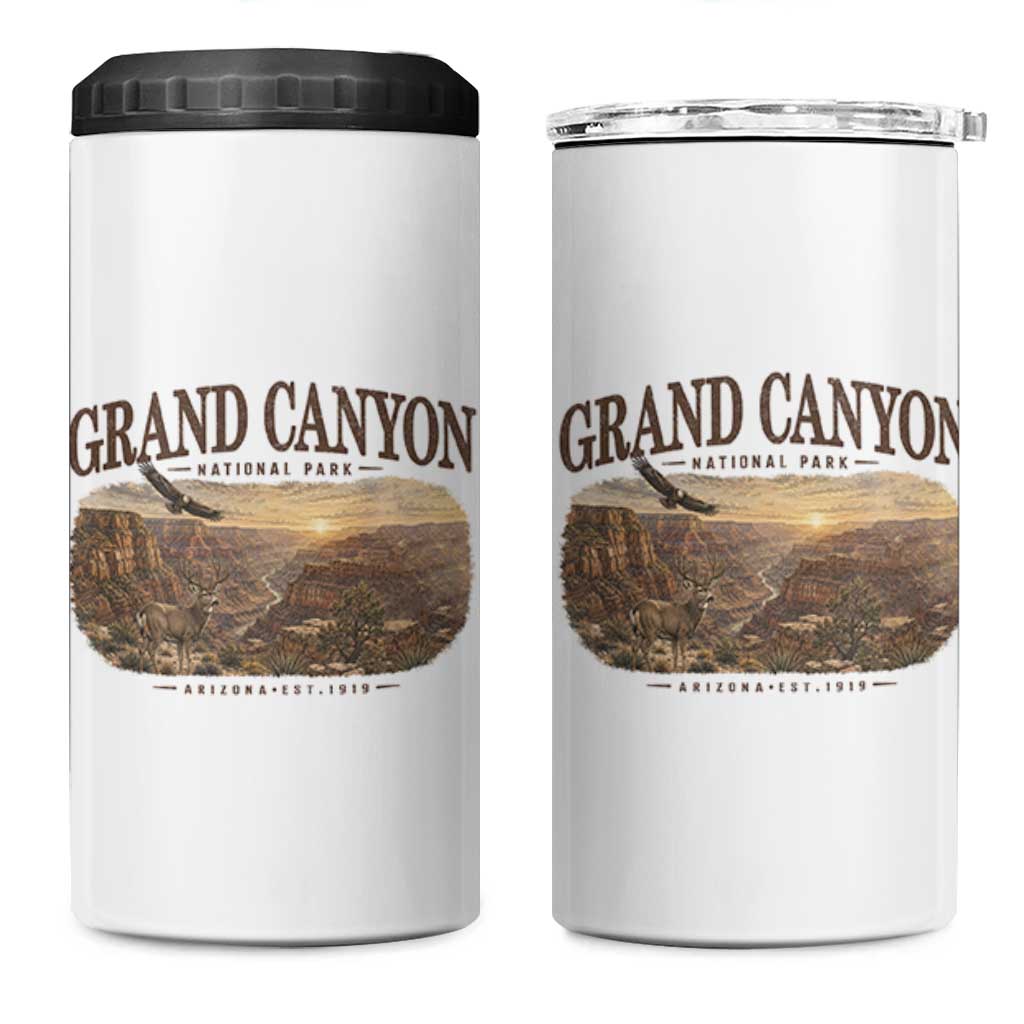 Grand Canyon National Park Arizona Established 1919 4 in 1 Can Cooler Tumbler Retro Deer Wildlife Nature Hiking Southwest Souvenir