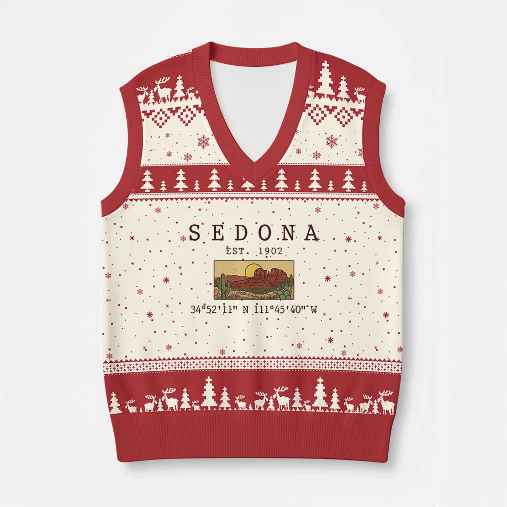 Vintage Sedona Arizona Established 1902 V-Neck Knit Sweater Vest Southwest Desert Cactus Scenic Nature Souvenir