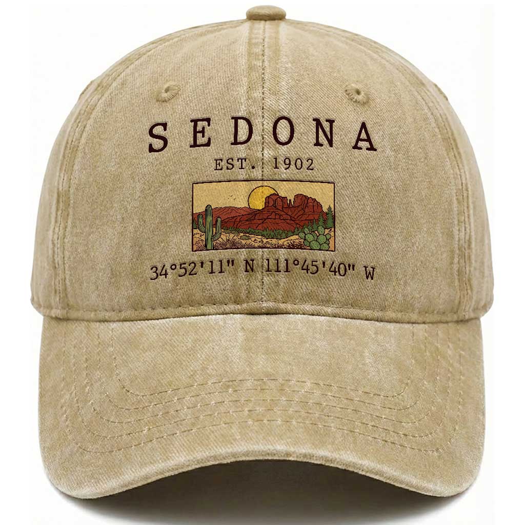 Vintage Sedona Arizona Established 1902 Washed Cotton Baseball Cap Southwest Desert Cactus Scenic Nature Souvenir