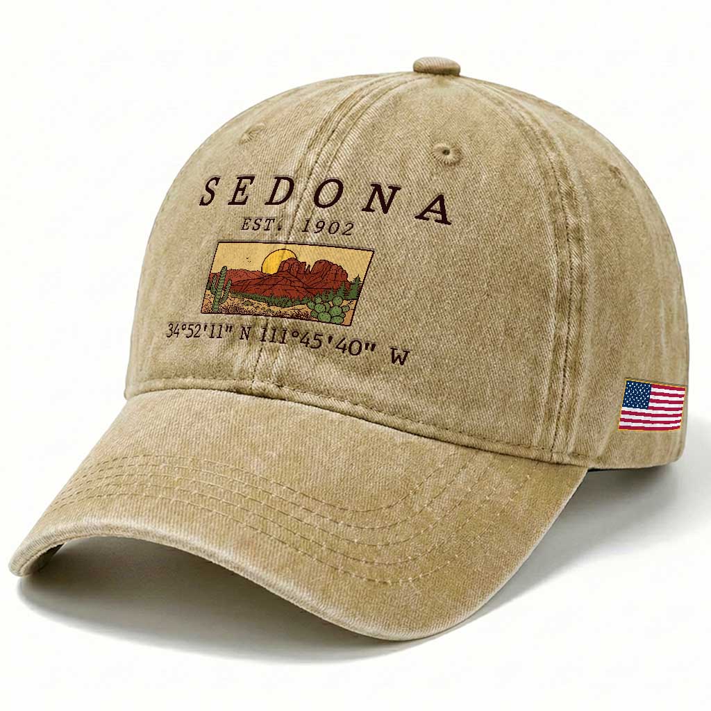 Vintage Sedona Arizona Established 1902 Washed Cotton Baseball Cap Southwest Desert Cactus Scenic Nature Souvenir