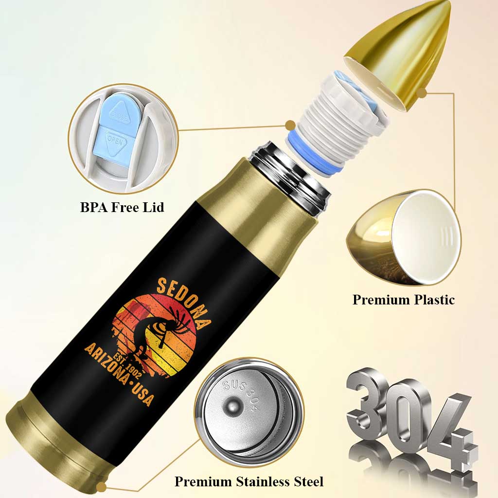 Retro Sedona Arizona Dancing Kokopelli Bullet Tumbler Southwest Native Symbol Desert Heritage Established 1902
