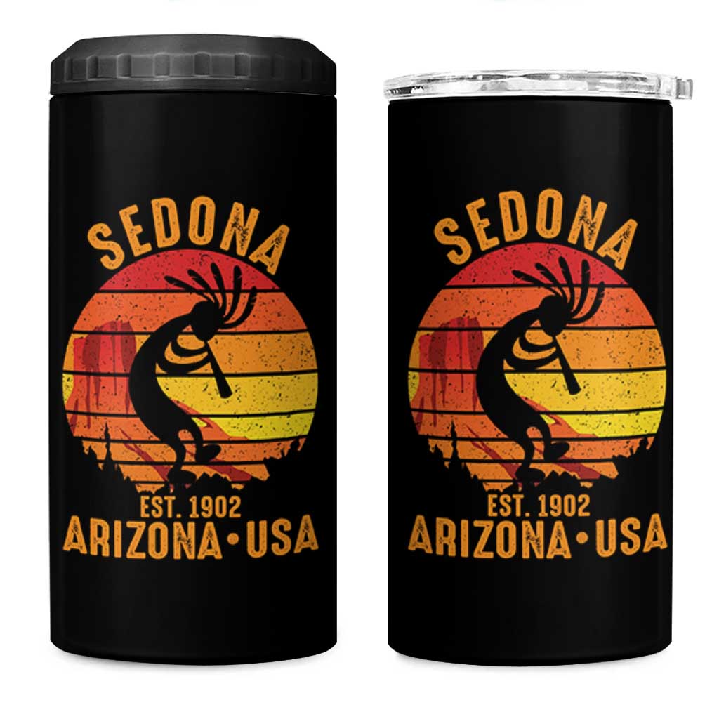 Retro Sedona Arizona Dancing Kokopelli 4 in 1 Can Cooler Tumbler Southwest Native Symbol Desert Heritage Established 1902