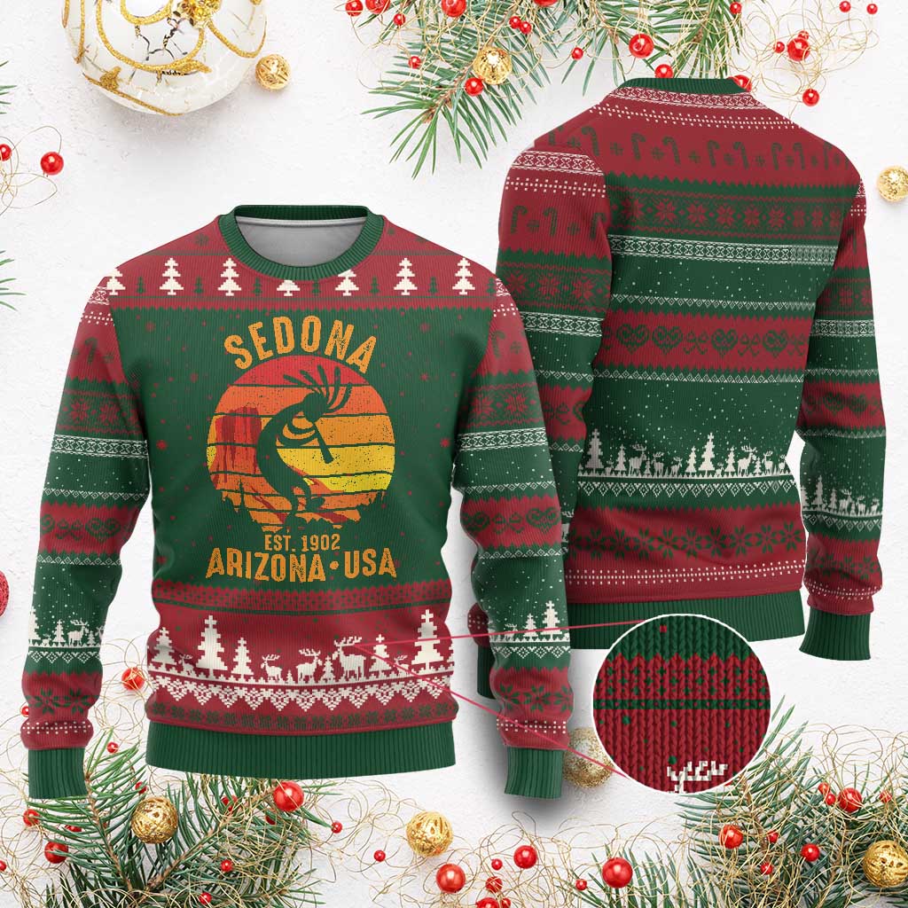 Retro Sedona Arizona Dancing Kokopelli Ugly Christmas Sweater Southwest Native Symbol Desert Heritage Established 1902