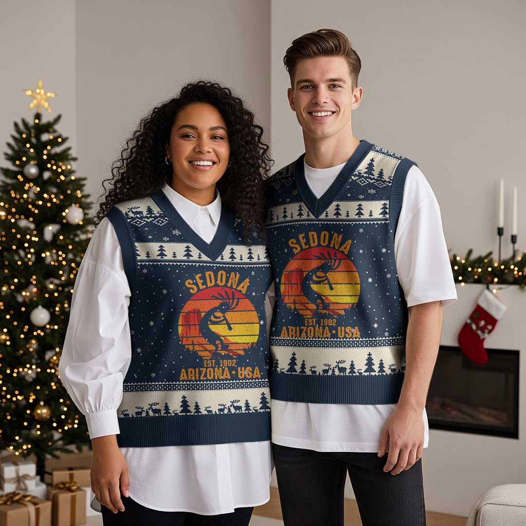 Retro Sedona Arizona Dancing Kokopelli V-Neck Knit Sweater Vest Southwest Native Symbol Desert Heritage Established 1902