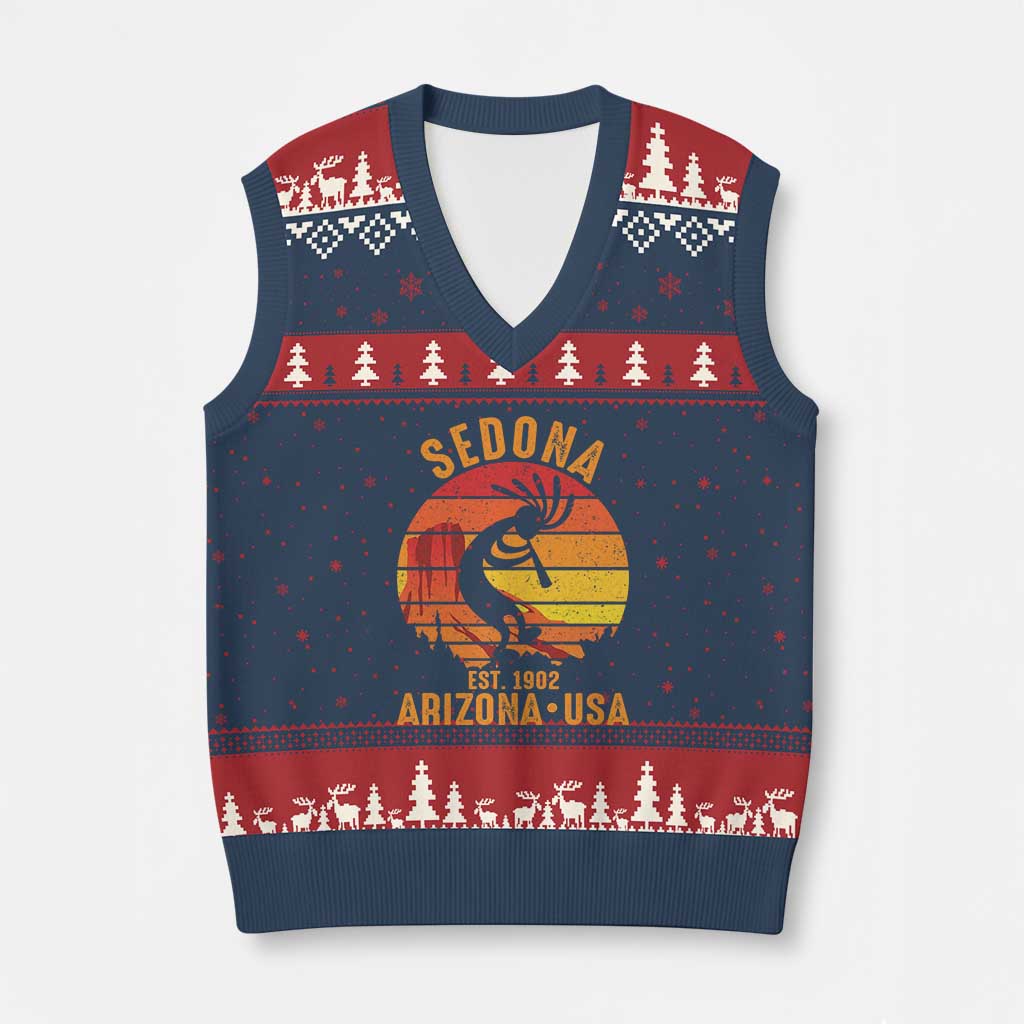 Retro Sedona Arizona Dancing Kokopelli V-Neck Knit Sweater Vest Southwest Native Symbol Desert Heritage Established 1902