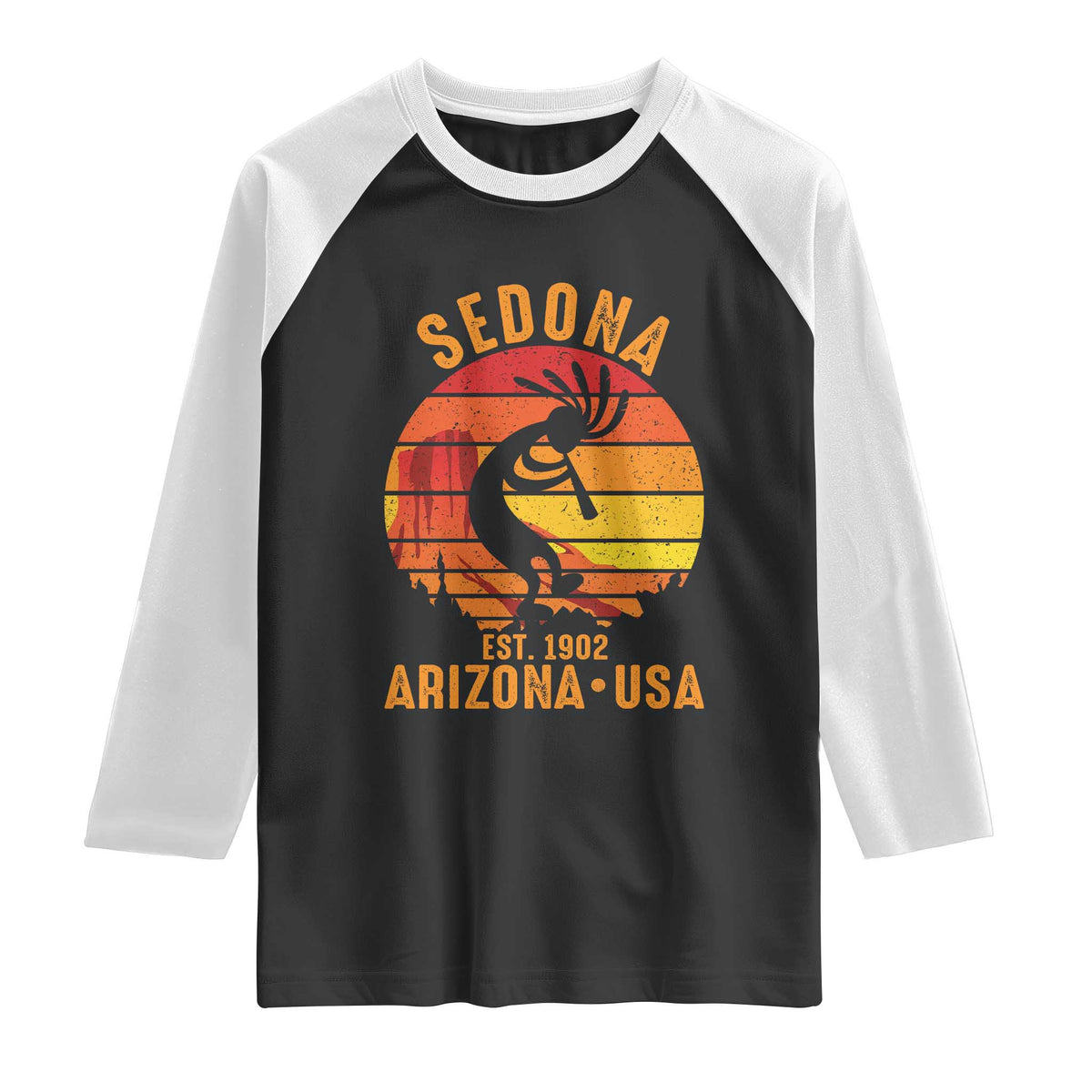 Retro Sedona Arizona Dancing Kokopelli Raglan Shirt Southwest Native Symbol Desert Heritage Established 1902