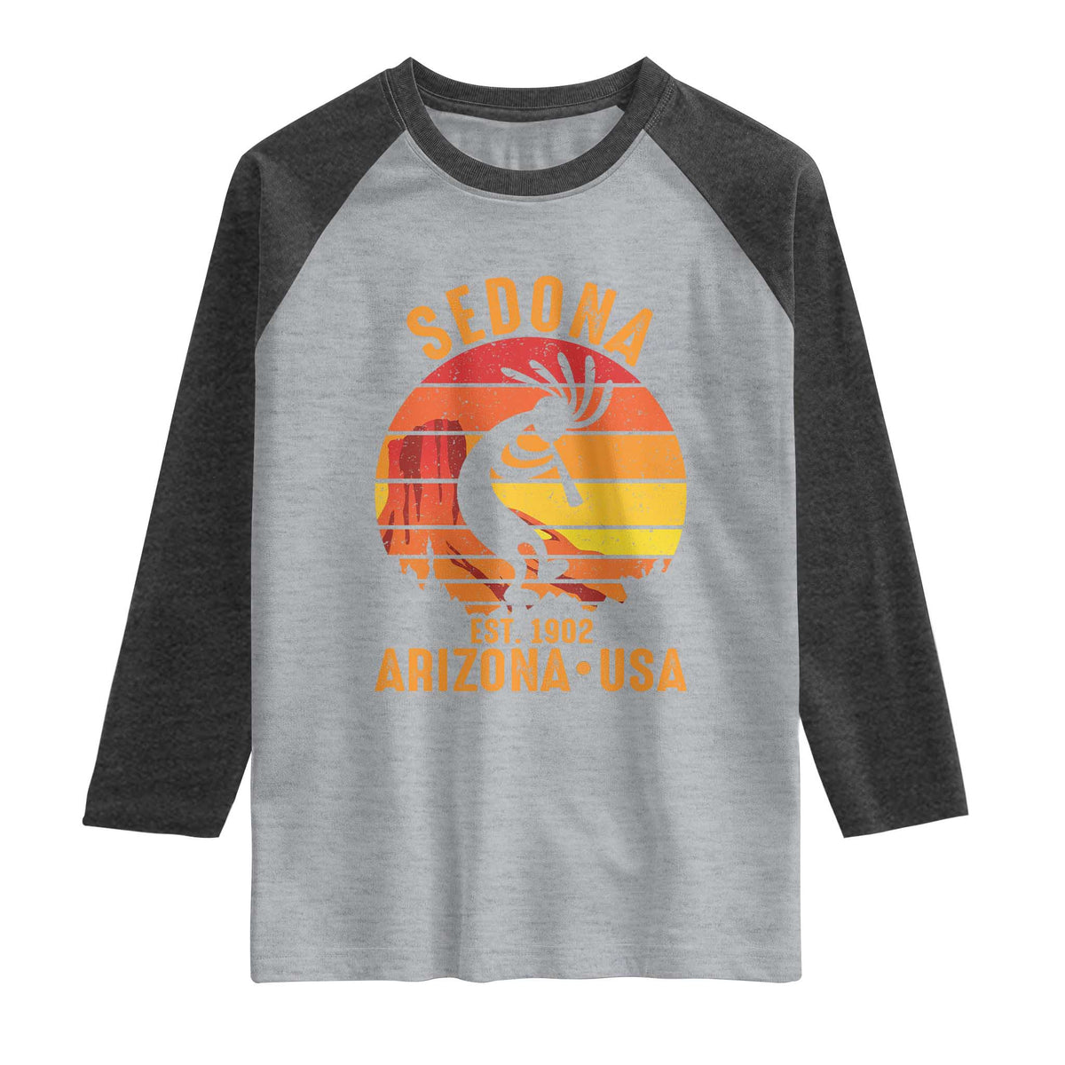 Retro Sedona Arizona Dancing Kokopelli Raglan Shirt Southwest Native Symbol Desert Heritage Established 1902