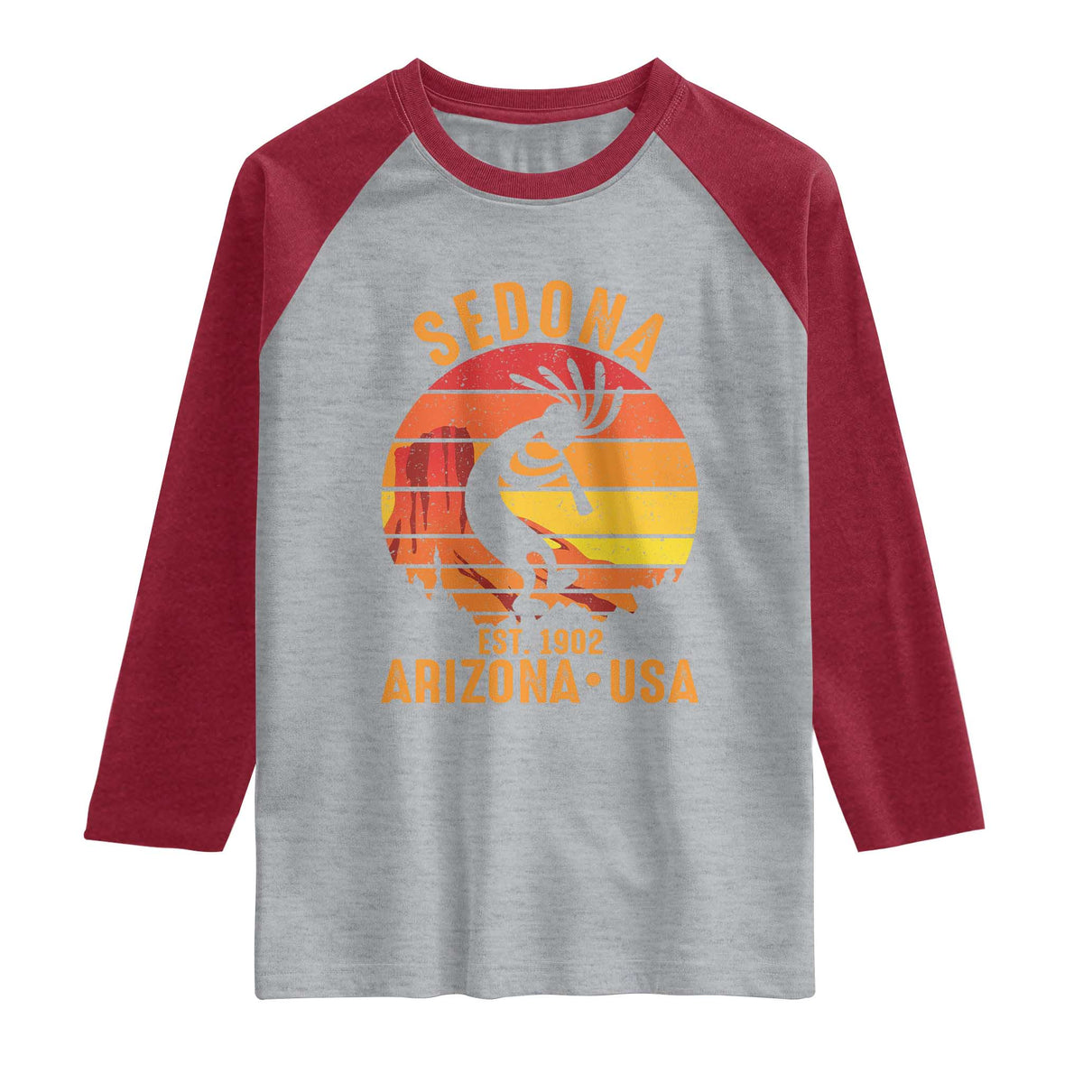 Retro Sedona Arizona Dancing Kokopelli Raglan Shirt Southwest Native Symbol Desert Heritage Established 1902