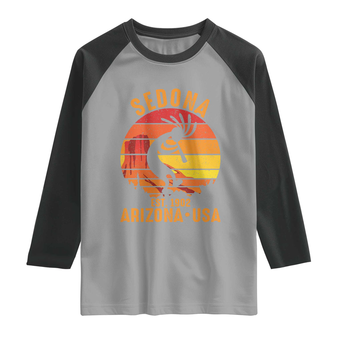 Retro Sedona Arizona Dancing Kokopelli Raglan Shirt Southwest Native Symbol Desert Heritage Established 1902