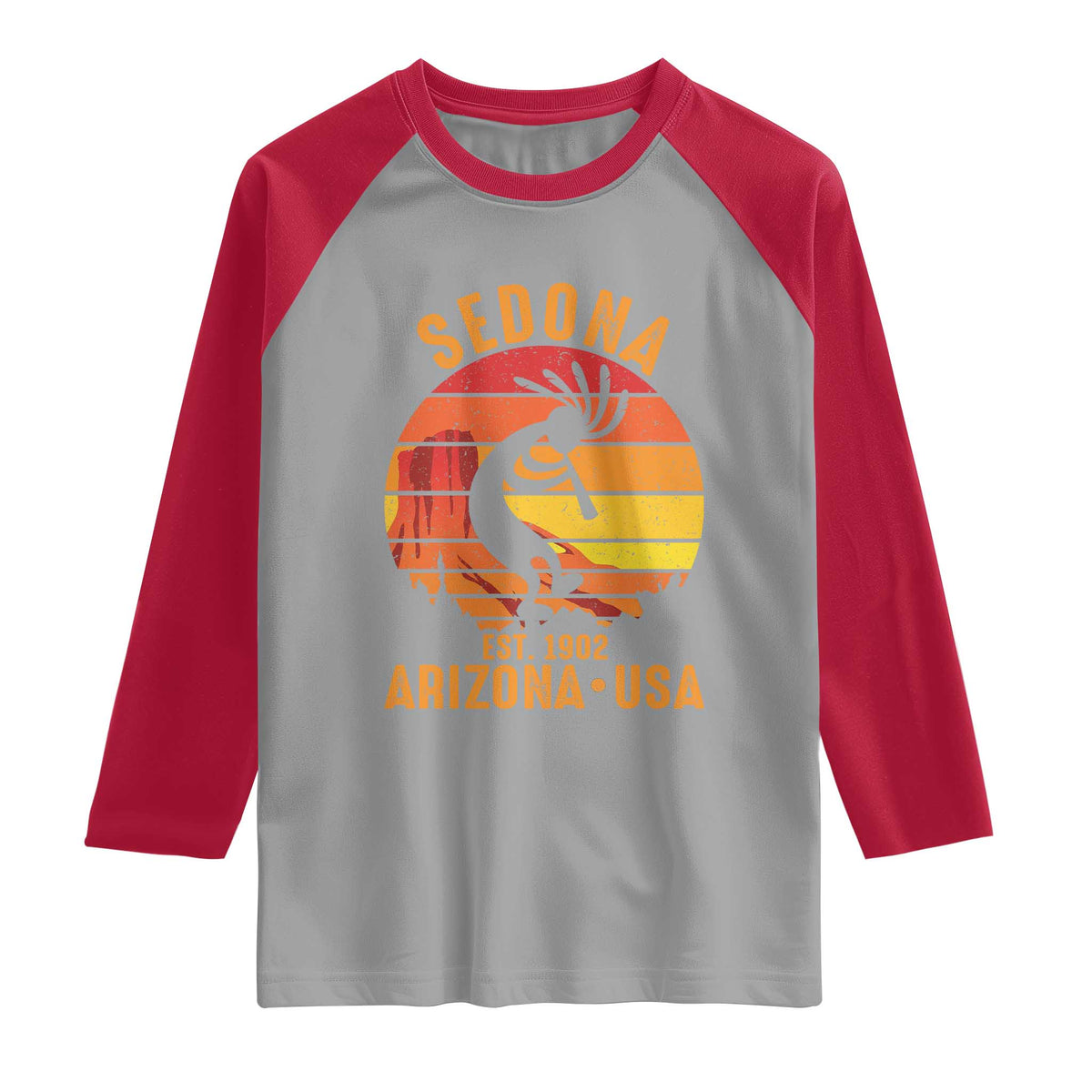 Retro Sedona Arizona Dancing Kokopelli Raglan Shirt Southwest Native Symbol Desert Heritage Established 1902