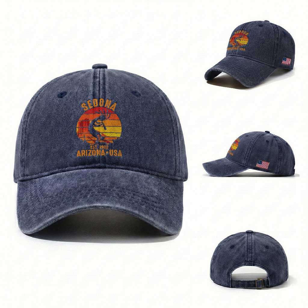 Retro Sedona Arizona Dancing Kokopelli Washed Cotton Baseball Cap Southwest Native Symbol Desert Heritage Established 1902