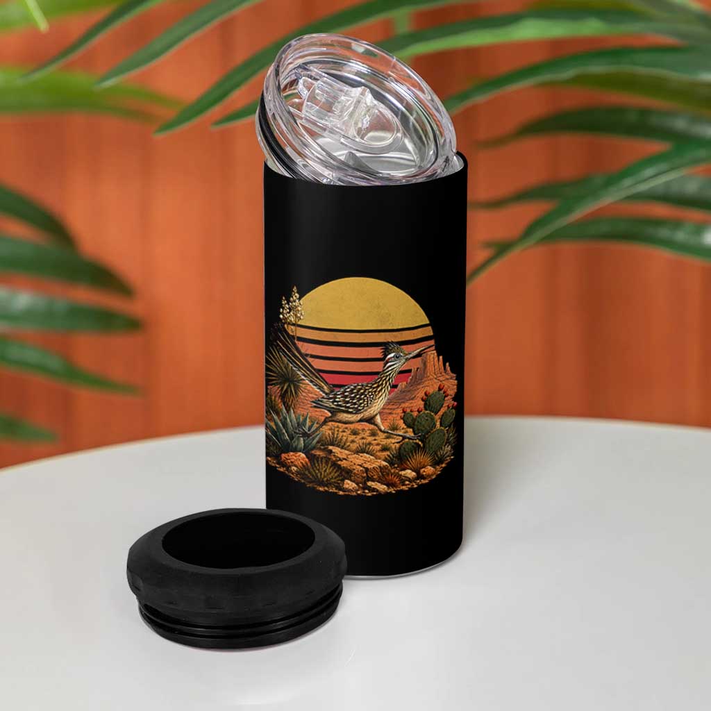 Retro Arizona Roadrunner Desert Sunset 4 in 1 Can Cooler Tumbler Southwest Bird Wildlife Nature Lover