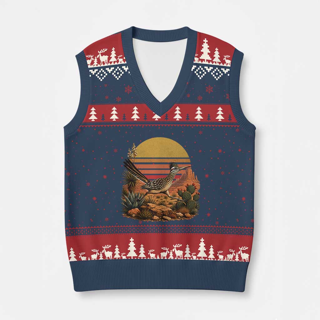 Retro Arizona Roadrunner Desert Sunset V-Neck Knit Sweater Vest Southwest Bird Wildlife Nature Lover
