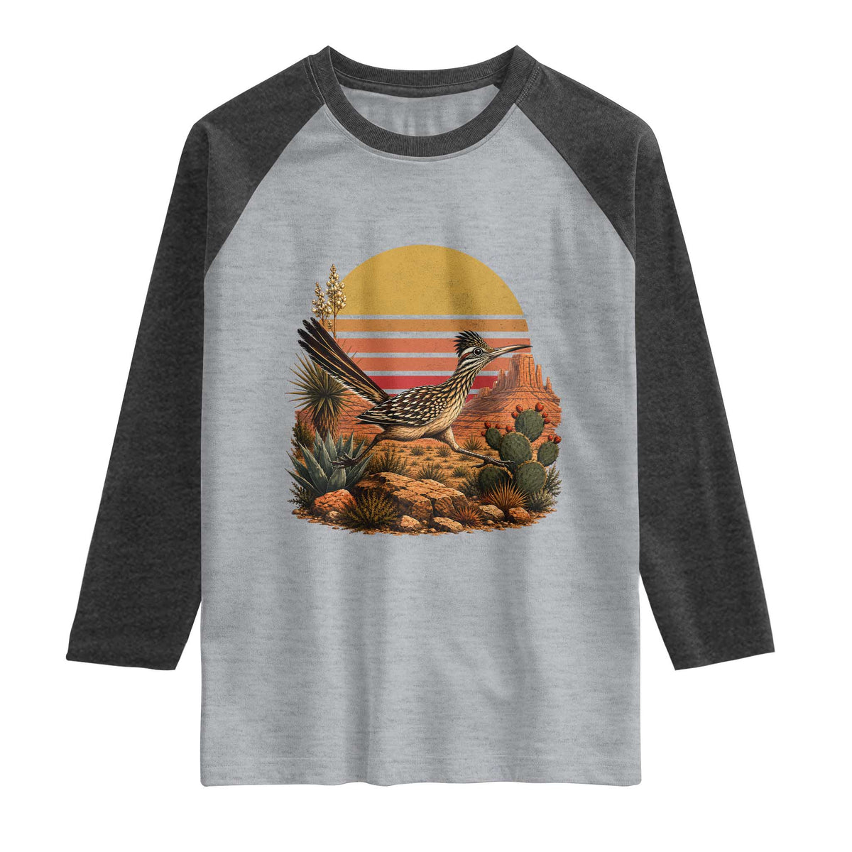 Retro Arizona Roadrunner Desert Sunset Raglan Shirt Southwest Bird Wildlife Nature Lover