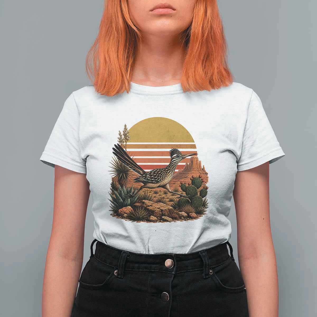 Retro Arizona Roadrunner Desert Sunset T Shirt For Women Southwest Bird Wildlife Nature Lover