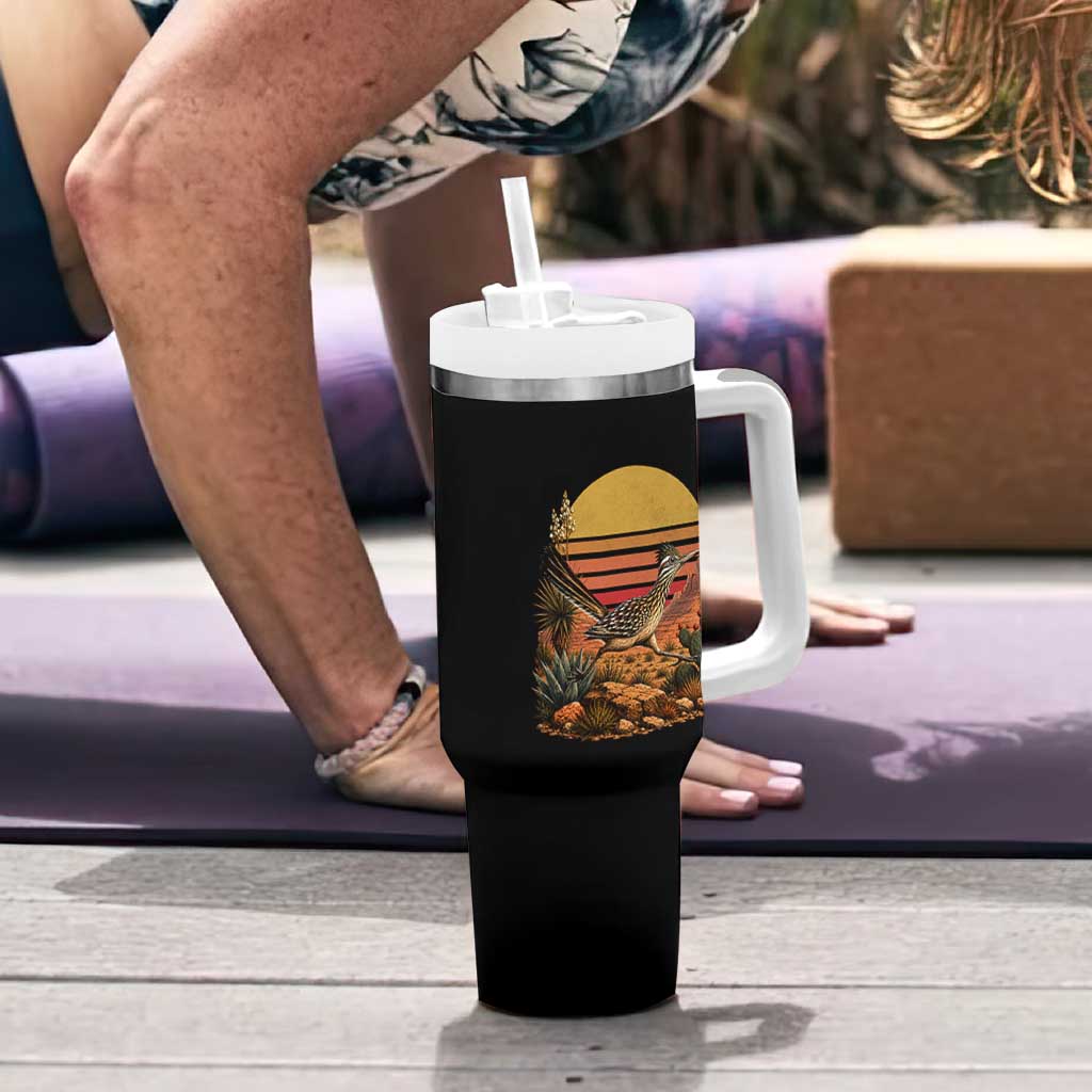 Retro Arizona Roadrunner Desert Sunset Tumbler With Handle Southwest Bird Wildlife Nature Lover
