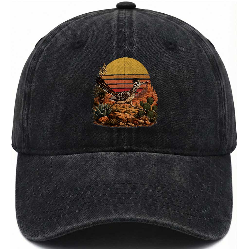 Retro Arizona Roadrunner Desert Sunset Washed Cotton Baseball Cap Southwest Bird Wildlife Nature Lover