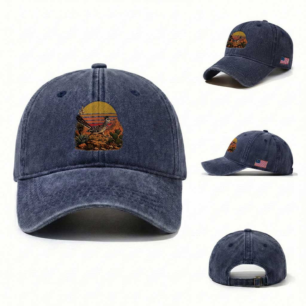 Retro Arizona Roadrunner Desert Sunset Washed Cotton Baseball Cap Southwest Bird Wildlife Nature Lover