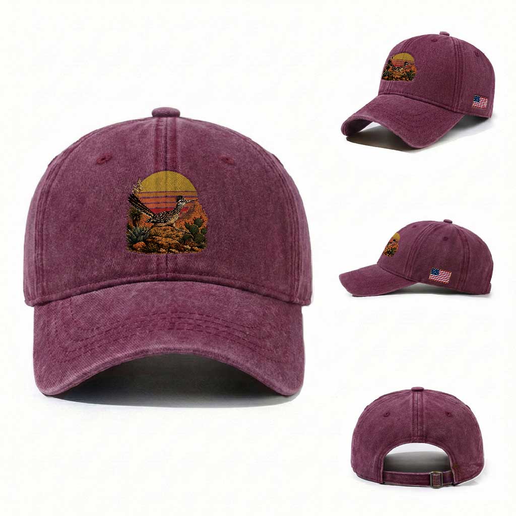 Retro Arizona Roadrunner Desert Sunset Washed Cotton Baseball Cap Southwest Bird Wildlife Nature Lover