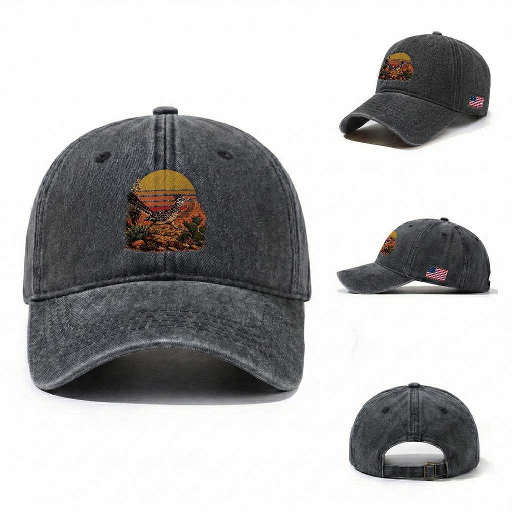 Retro Arizona Roadrunner Desert Sunset Washed Cotton Baseball Cap Southwest Bird Wildlife Nature Lover