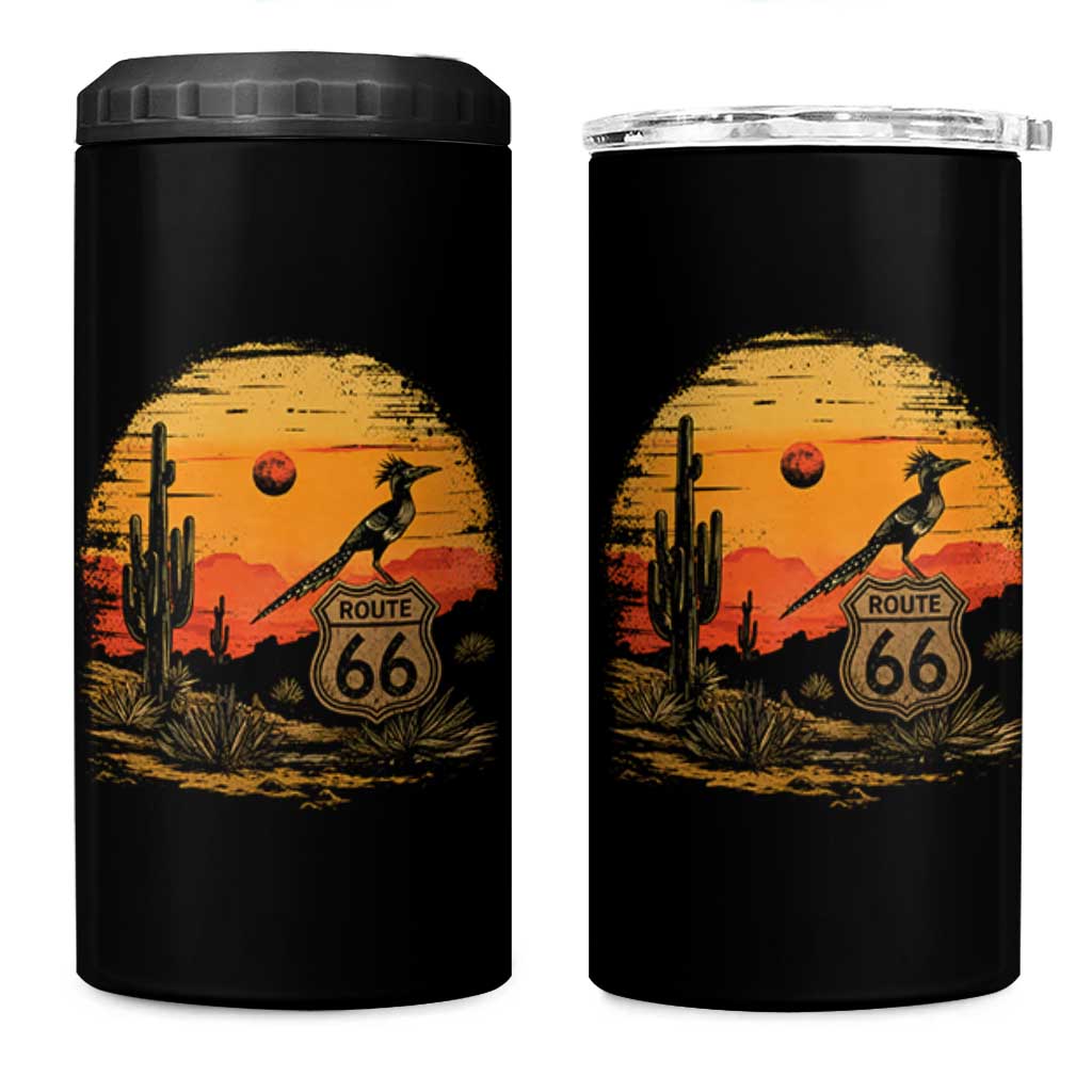 Route Highway 66 Roadrunner Desert Sunset Arizona 4 in 1 Can Cooler Tumbler Cactus Landscape Texas Nevada Southwest Bird Lover