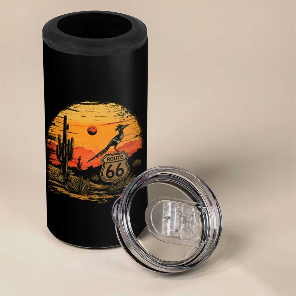 Route Highway 66 Roadrunner Desert Sunset Arizona 4 in 1 Can Cooler Tumbler Cactus Landscape Texas Nevada Southwest Bird Lover