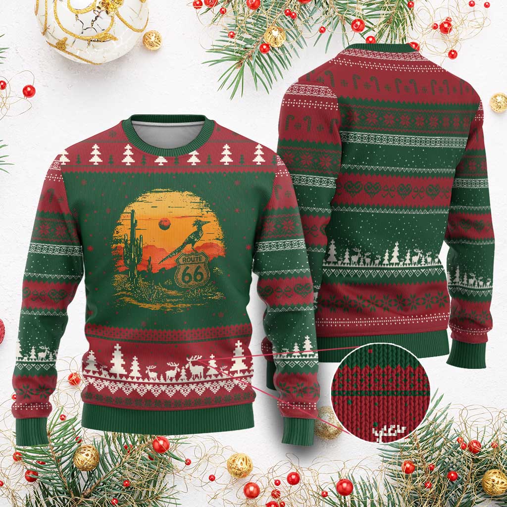 Route Highway 66 Roadrunner Desert Sunset Arizona Ugly Christmas Sweater Cactus Landscape Texas Nevada Southwest Bird Lover